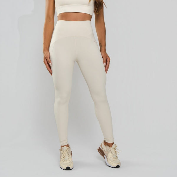 Calça Legging Premium com Bolso e Recortes Tecido Texturizado Off White LG2391