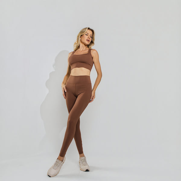 Calça Legging Bolso com Ziper no Cós Poliamida Premium Marrom LG2405