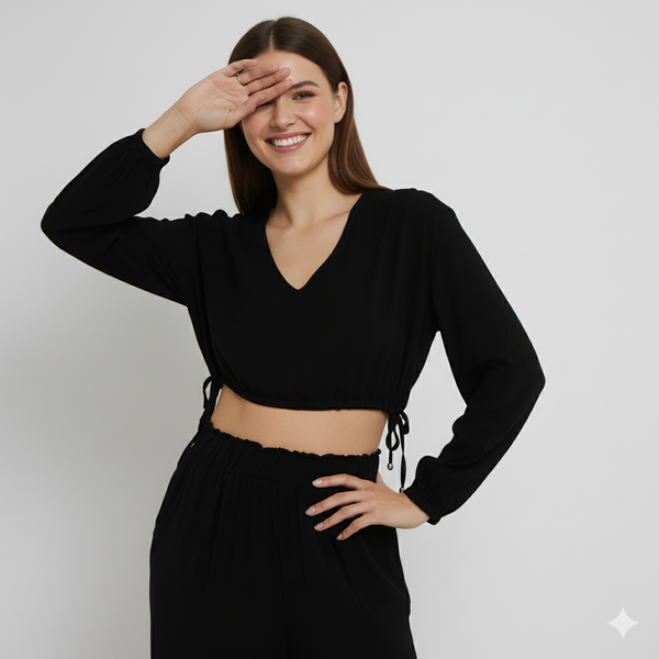 Blusa Cropped Feminina Para Sair em Viscose – Manga Longa, Decote V BL610