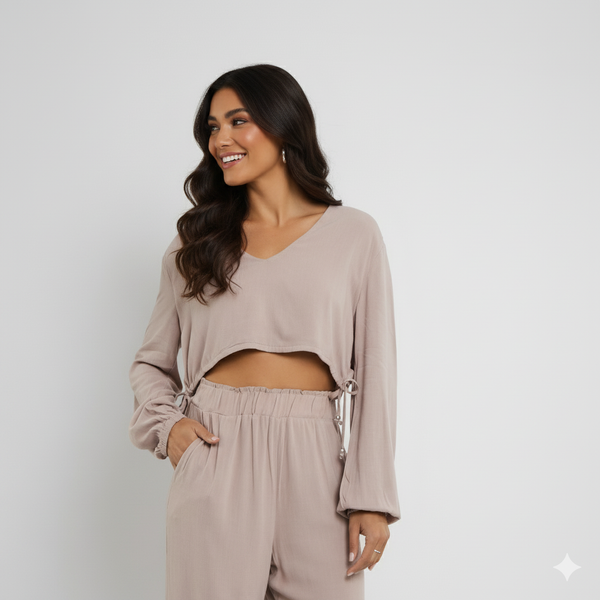 Blusa Cropped Feminina Para Sair em Viscose – Manga Longa, Decote V BL611