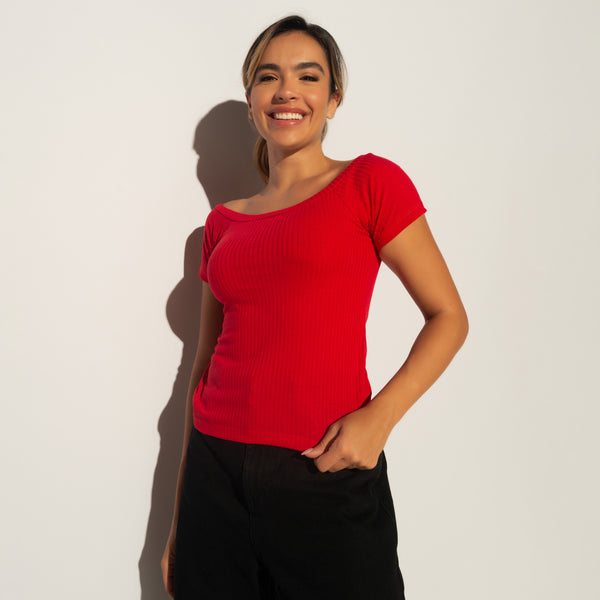 Blusa Fitness Canelada Gola Canoa Vermelha BL408