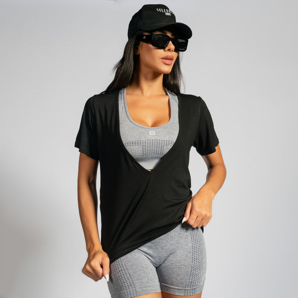 Blusa Fitness Decote em V Preta Celebrity BL549