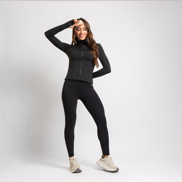 Kit Jaqueta Fitness com Recorte + Legging Fitness Cós Largo Duplo Poliamida Premium Preta