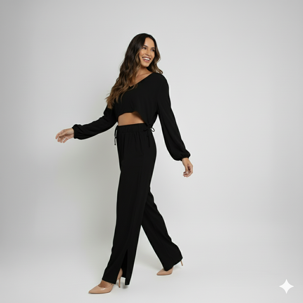 Calça Wide Leg Feminina em Viscose – Elástico na Cintura e Fenda Lateral LG2373