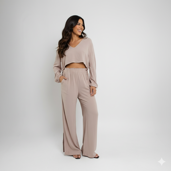 Calça Wide Leg Feminina em Viscose – Elástico na Cintura e Fenda Lateral LG2374