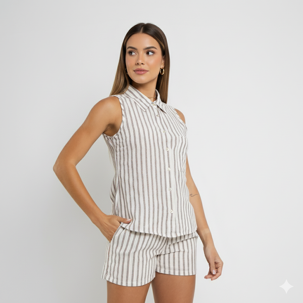 Camisa Feminina Sem Mangas de Alfaiataria em Algodão – Tecido Natural CT868