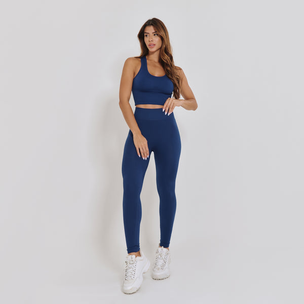 Kit Legging Fitness Sem Costura Básica + Top Fitness Sem Costura Nadador Marinho