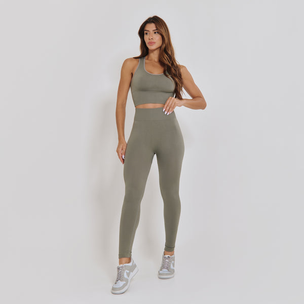Kit Legging Fitness Sem Costura Básica Cinza + Top Fitness Sem Costura Nadador Cinza