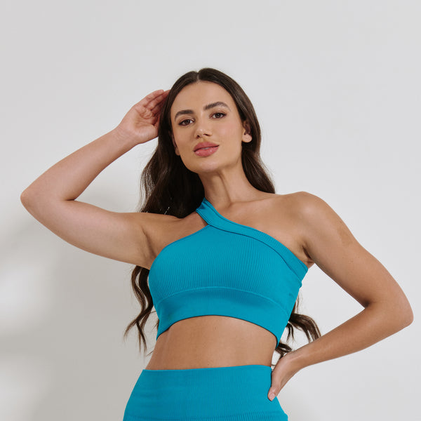 Top Fitness Sem Costura Assimétrico Azul Claro TP1799