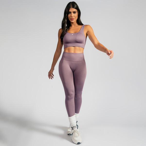 Kit Legging Fitness Seamless Canelado Roxo + Top Fitness Seamless Canelado Roxo