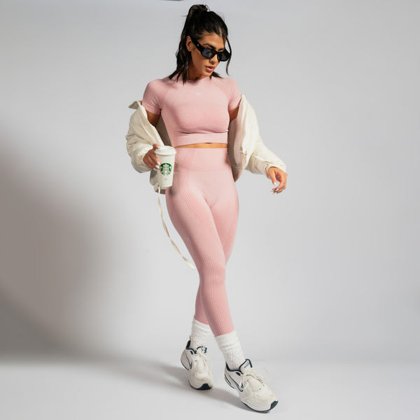 Kit Legging Fitness Seamless Mescla + Top Cropped Seamless Mescla Rosa
