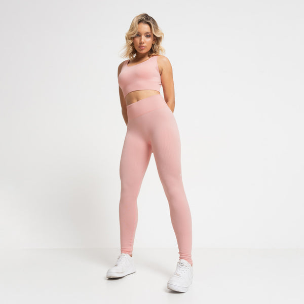 Kit Legging Fitness Seamless Pêssego Canelada + Top Fitness Seamless Básico Pêssego Canelado