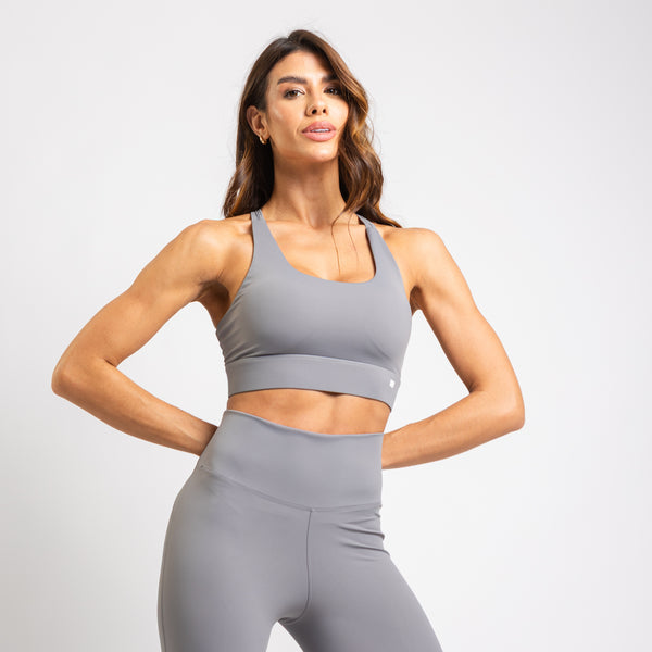 Top Fitness Poliamida Tecido Duplo Com Bojo Removível Fecho Triplo Lateral Larga Cinza TP1824