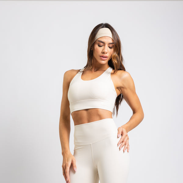 Top Fitness Bojo Embutido Tecido Duplo Fecho Frontal Tiras Reforçado Bege TP1831