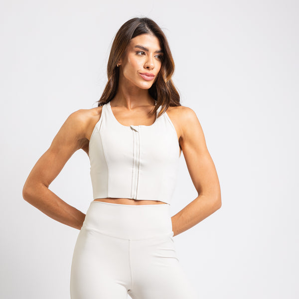 Top Cropped Fitness Cós Super Lago Reforçado Fecho Frontal Tratorado Bojo Embutido Off White TP1834