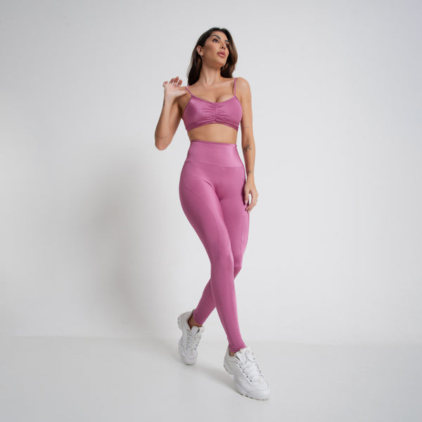 Kit Legging Fitness Energy Rosa com Recorte + Top Fitness Energy Rosa Bojo Franzido