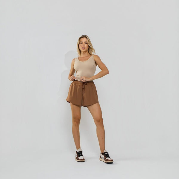 Short Duplo Premium Poliamida Cintura Ajustável Chocolate SH814