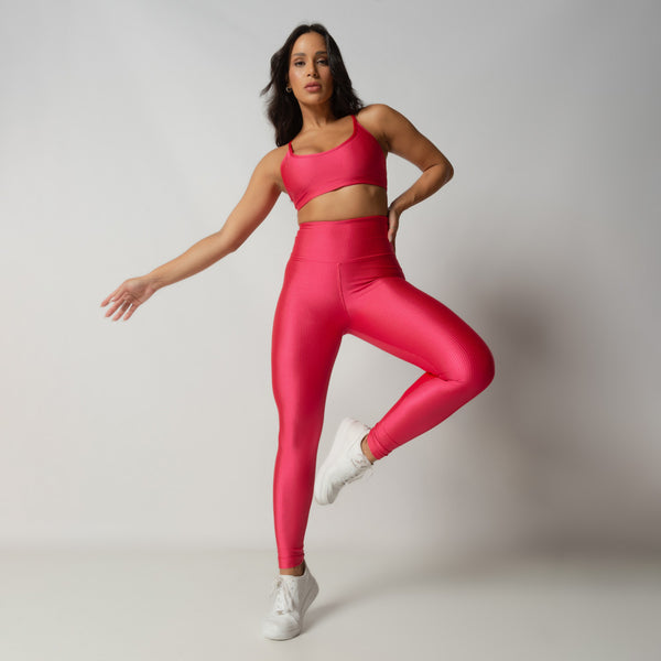 Kit Legging Fitness Rosa Pink Básica Canelado + Top Fitness Rosa Pink Cruzado Canelado