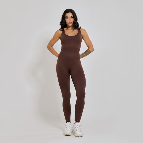 Macacão Fitness sem Costura Costas Cruzadas Marrom MC388