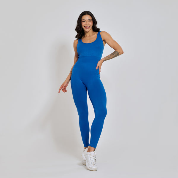 Macacão Fitness sem Costura Costas Cruzadas Azul MC386